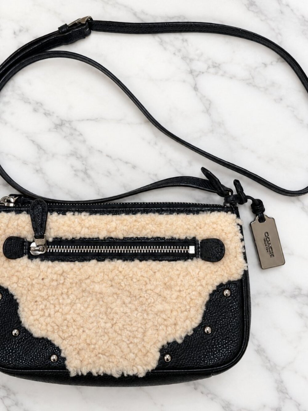 Coach Black Leather Cream Shearling Crossbody Bag